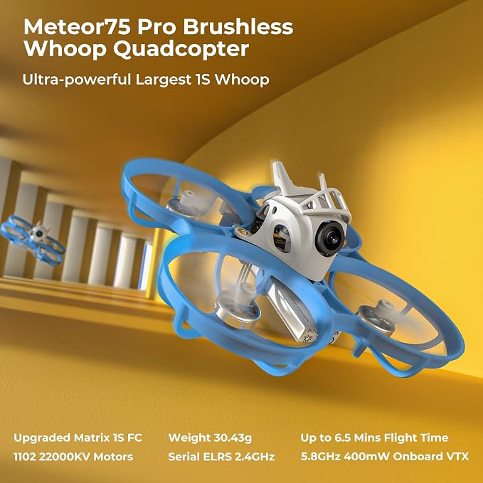 BETAFPV Meteor75 Pro 1S Brushless Drone with Matrix 1S 5IN1 FC, 1102 22000KV Motor 45mm 3-Blade Props for FPV Freestyle Racing Indoor Outdoor, Fly Time Up to 6.5Min with LAVA II 1S 580mAh Lipo Battery