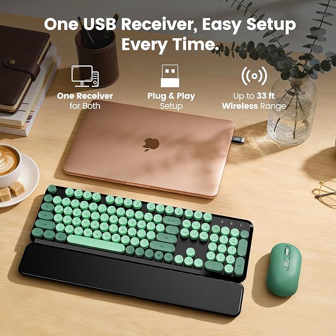 Wireless Keyboard and Mouse Combo with Magnetic Wrist Rest, Round Keycaps, Full-Size Retro Typewriter-Style Keyboard, Tilt Legs, Auto-Sleep, 2.4GHz Wireless for Windows PC Laptop, Forest Green & Black