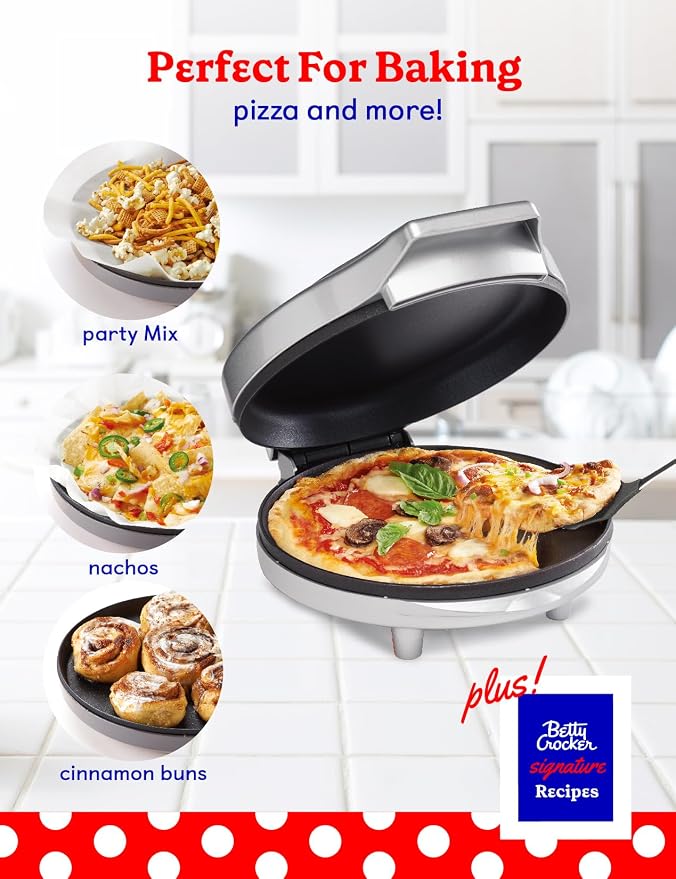 Betty Crocker 8" Travel Pizza Maker Plus, Indoor Electric Grill With Insulated Travel Bag, Nonstick Pan for Pizzas, Quesadillas, Nachos and more, Pizza Machine for Delicious Meals and Snacks, Silver