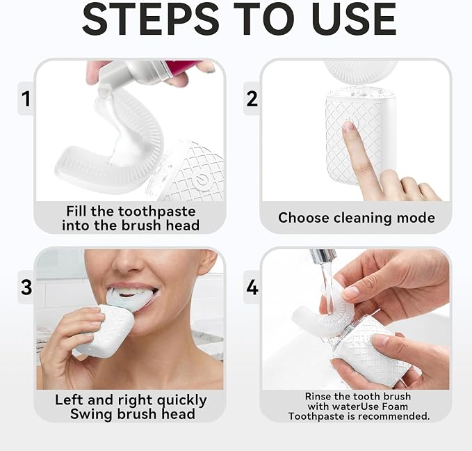 Sonic Electric U Shaped Toothbrush for Adults, Automatic Full Mouth Cleaning Toothbrush, 360° Stain Removal, IPX7 Waterproof Rechargeable, 3 U-Shape & 2 Straight Brush Heads (White)