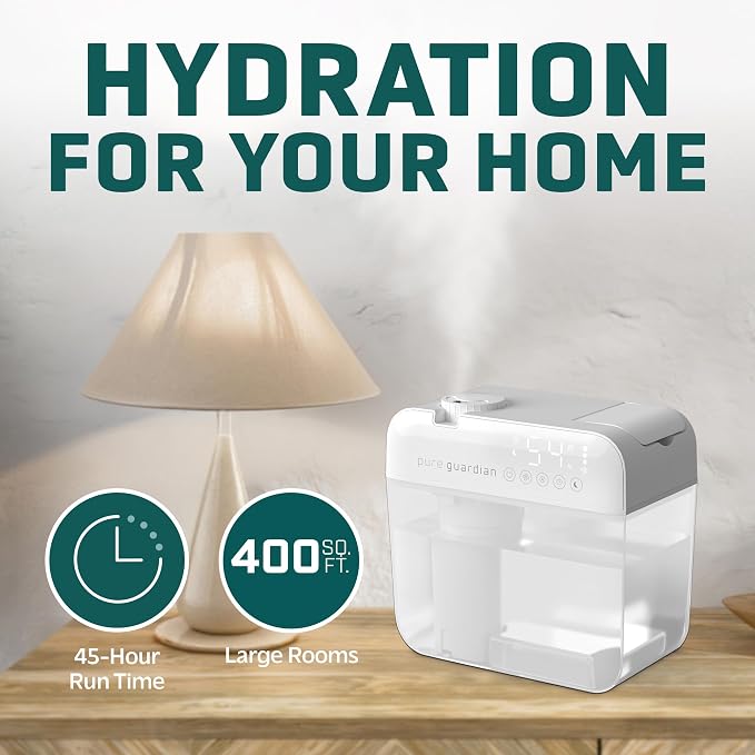 PureGuardian 1 Gallon, Cool Mist Ultrasonic Humidifier, 48-Hour Run Time, Coves 410 Sq. Ft., Humidistat, Timer, Filter Free for Bedrooms, Offices, Home, White, H1050W