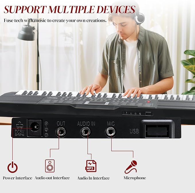 Ktaxon 61 Key Keyboard Piano Electric Keyboard w/Lighted Keys, Electric Piano Set with Headphones, Microphone, Music Rest, Power Adapter, Stand, Piano Bench and Manual (Full-Black)
