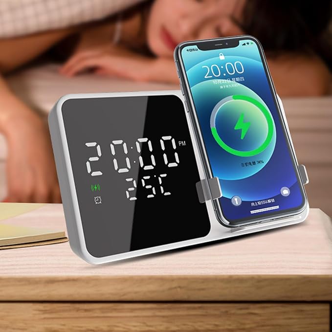 Multi-Function Wireless Charging Station with Digital Clock & Thermometer, 15W Fast Qi-Certified Charger, Alarm Clock, Fixed Stand Compatible with All Qi-Enabled Phones-W5 White