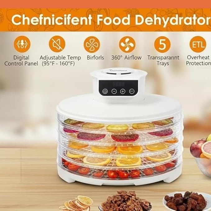 Food Dehydrator DryLite 245W – 5 Tray Adjustable, BPA-Free – 4-Hour Quick Drying, Even Heat, Easy Temp Control – Fruit, Veggie, Meat Jerky Maker (White)