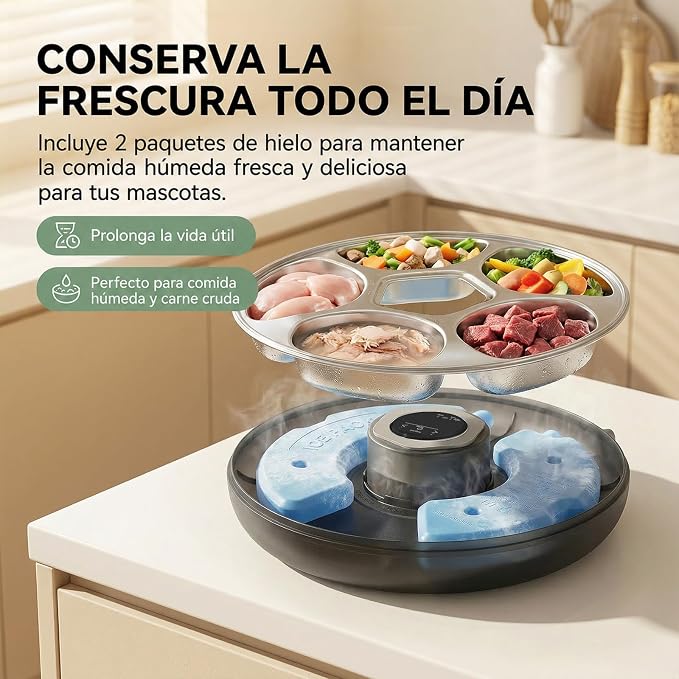 Ownpets 6 Meals Automatic Cat Feeder for Wet/Dry Food, with 2 Ice Packs, Programmable Timed Pet Feeder, Cordless Rechargeable Battery Auto Feeder for Cats/Small Dogs (Black)