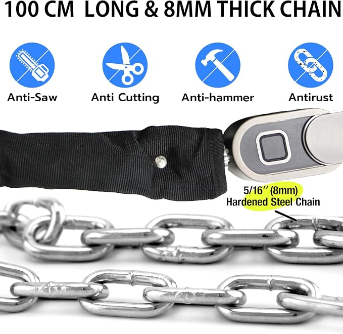 Chain Lock with Key eLinkSmart Waterproof Bicycle 100CM Chain Lock for Bike Scooter Motorcycle Door Fence Gate Fingerprint Bluetooth App Heavy Duty Outdoor Security