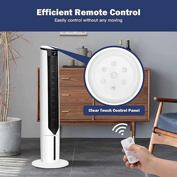 Hysache 3-in-1 Evaporative Air Cooler Humidifier, Portable Bladeless Tower Fan with 9H Time, 3 Modes and 3 Speeds, Remote Control, Display, LED, Ideal for Bedroom, Living Room, Office, White