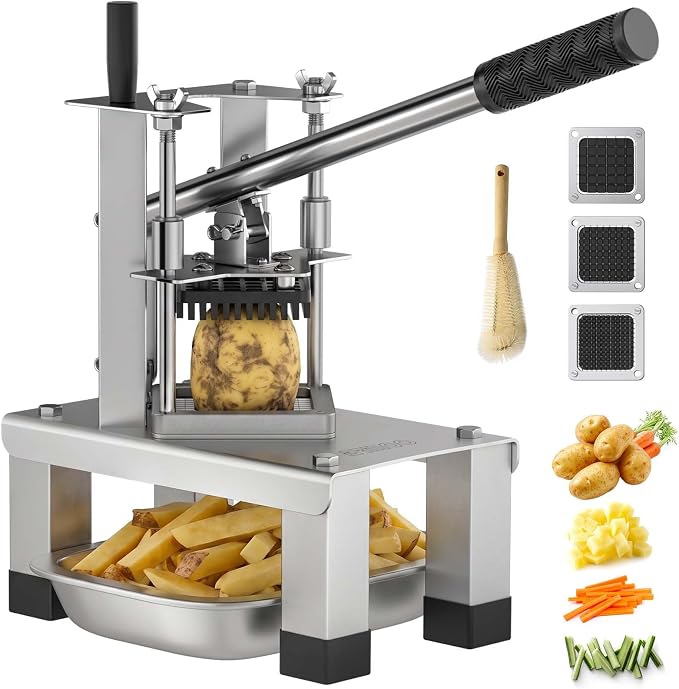 French Fry Cutterr,Professional Potato Cutter Slicer with 3/8", 1/2", 1/4" Stainless Steel Blades Stainless Steel Vegetable Chopper for Potato,Carrot,Cucumber,Onion,Home Use