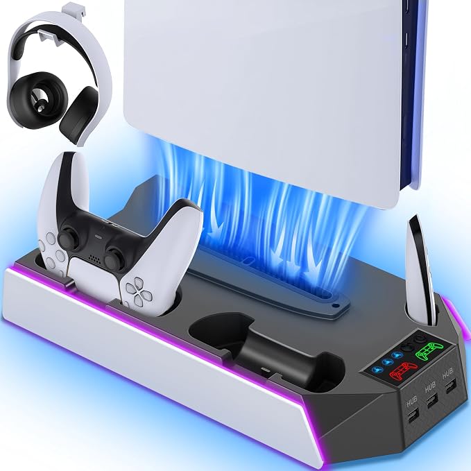 PS5/PS5-Slim-Cooling-Station-with-Controller-Charging-Station for PlayStation 5 Console Disc/Digital, LED Light Cooling Stand with Cooler Fan for PS5 Accessories with 3 USB Hubs/Headset Holder