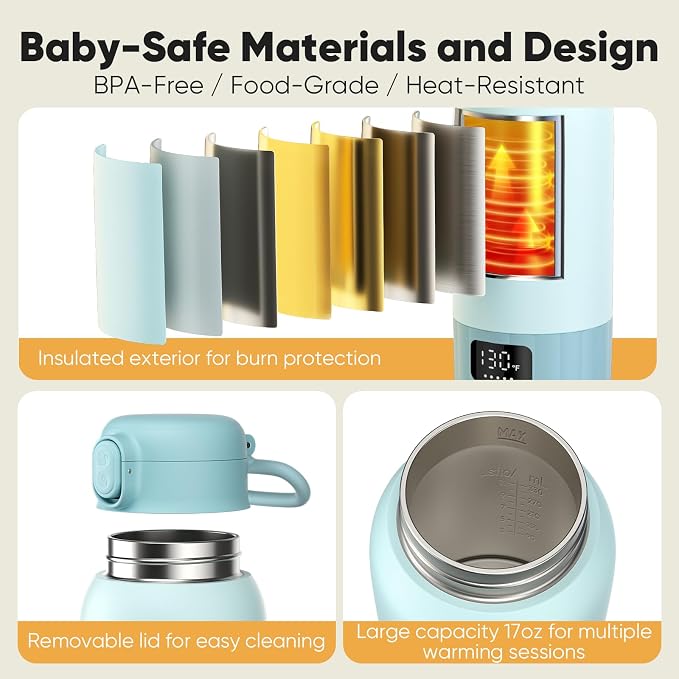 Portable Bottle Warmer for Travel, Fast Heating Milk Warmer On The Go, 17 OZ Water Warmer for Milk, Formula, Water, Temp Control 98°F -131°F, Baby Essentials for Outdoor Airplane Car Journey