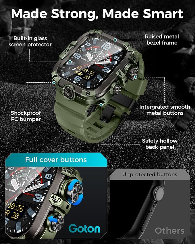 Goton Rugged Case and Band Kit with Screen Protector for Apple Watch 46mm, Compatible with Apple Watch Series 11/10, Full Body Shockproof Metal+PC Bumper Cover with Soft Band, 46mm Green
