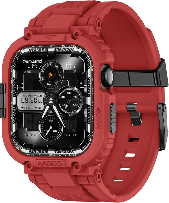 amBand Bands Case Compatible with Apple Watch Series 11/10 46mm for Men, M1 Sport Rugged Heavy Duty Cover Tactical Strap Military Grade Protective Bumper Protector for iWatch 46 mm - Mars Red