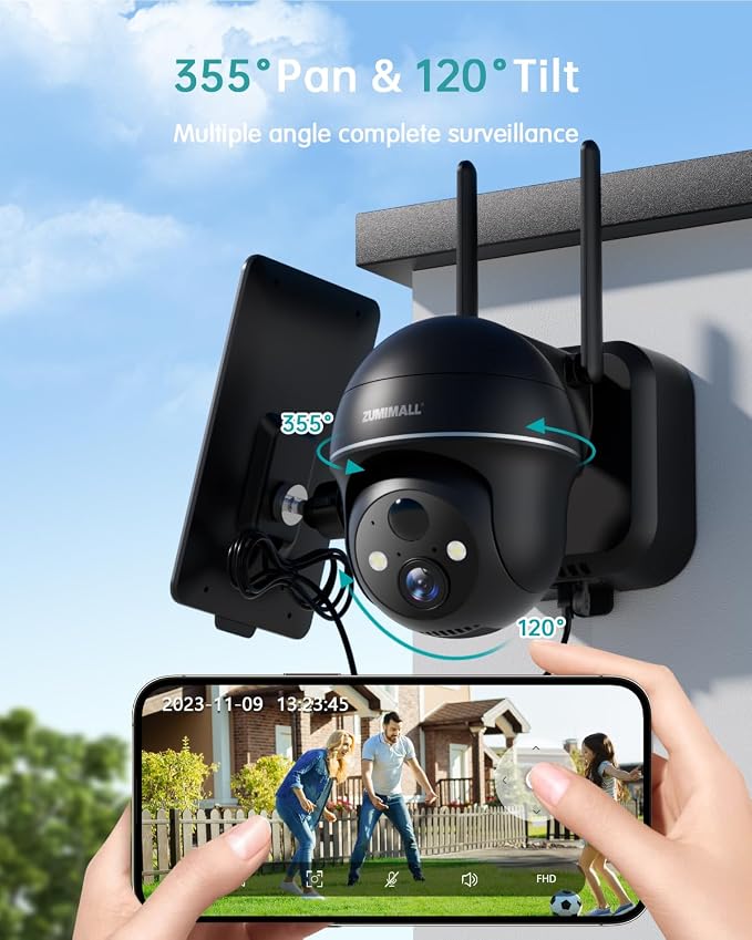 ZUMIMALL Solar Security Cameras Wireless Outdoor, 2K Camera for Home Security with 3MP Color Night Vision, 2.4GHz WiFi, 2-Way Talk, Spotlight & Siren, IP66 Weatherproof, Compatible with Alexa