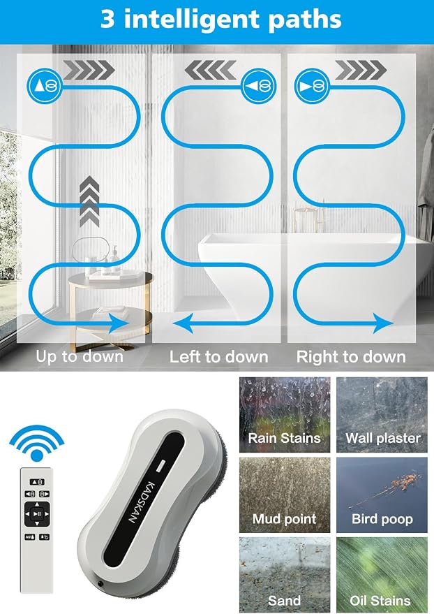 Window Cleaning Robot, Automatic Window Cleaner with Water Spray for Windows/Tiles/Class Door, Inside/Outside, 5600Pa Suction Power, 3.0 Path Planning, Remote Control