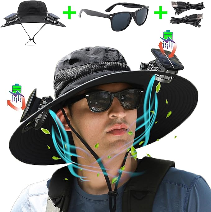 Solar Fan Hat,Wide Brim Solar Fan for Men Women, Mens Sun Hat with 2 Fan, Waterproof Outdoor Hiking Camping Fishing Hat Black