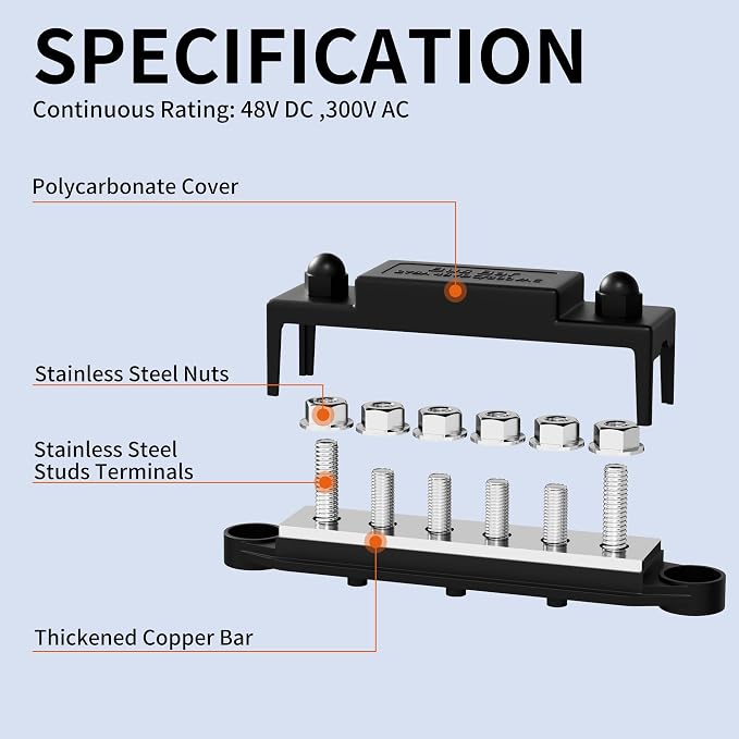 RVBOATPAT 275A Bus Bar 12V Power Distribution Block Car Audio Busbar 6 x 5/16" (M8) Terminal Stud Positive & Ground Battery Bus Bar