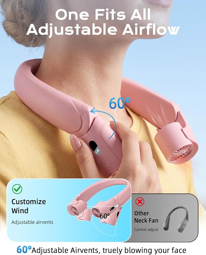 ChillGo 5th Gen Neck Fan with Dual Motor 200% Strong Airflow - 8000mAh Portable Fan, Personal Fan with Adjustable Airvents,Quick Charging,4 Speeds, Cooling Fan for Travel, Gift for Father Women,Pink