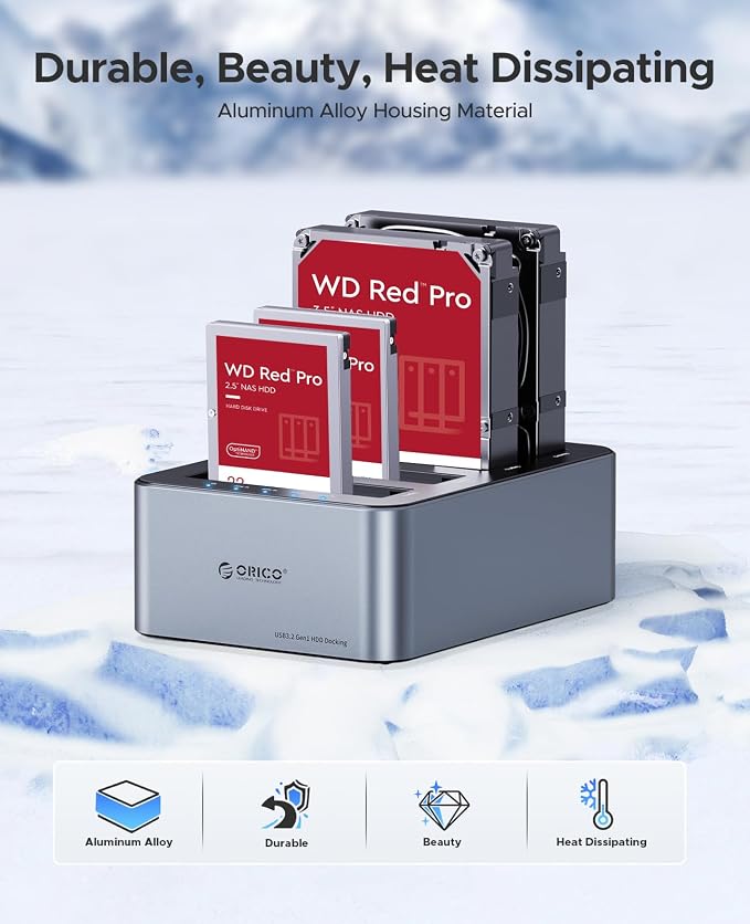 ORICO USB-C Hard Drive Docking Station with Offline Clone 4 Bay Aluminum USB 3.2 Gen 1 for 2.5''/3.5'' SSD HDD Up to 20TB(4*20) -6646C3