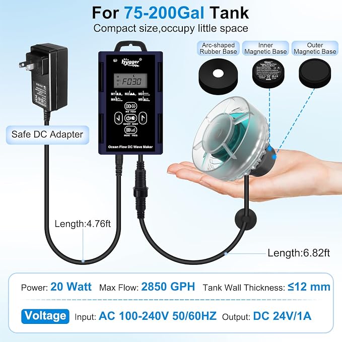 hygger Wave Maker For Aquarium, Ultra-quiet Transparent Wavemaker With Controller, Adjustable Flow Magnetic DC 24V 2850GPH Powerhead, Circulation Pump For 75-200Gallon Freshwater Coral Reef Tank