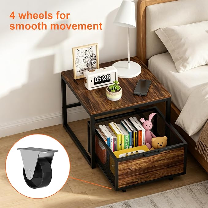 Mini Fridge Stand with Storage, End Table, Heavy Duty Refrigerator Stand with Mobile Drawer Basket for Dorm, Home, Kitchen, Office, Stand for Drinks Refrigerator, Wine Cooler, Water Dispenser