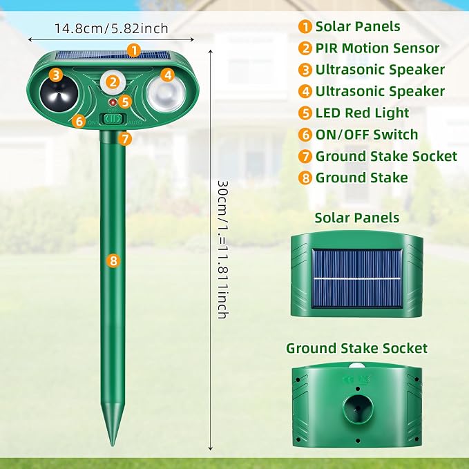 2026 Solar Ultrasonic Animal Repellent IP65 Waterproof Deer Repellent Devices Motion Activated Cat Deterrent Outdoor with Flash Light to Keep Squirrel Rabbit Raccoon Out of Garden & Yard, 4 Pack