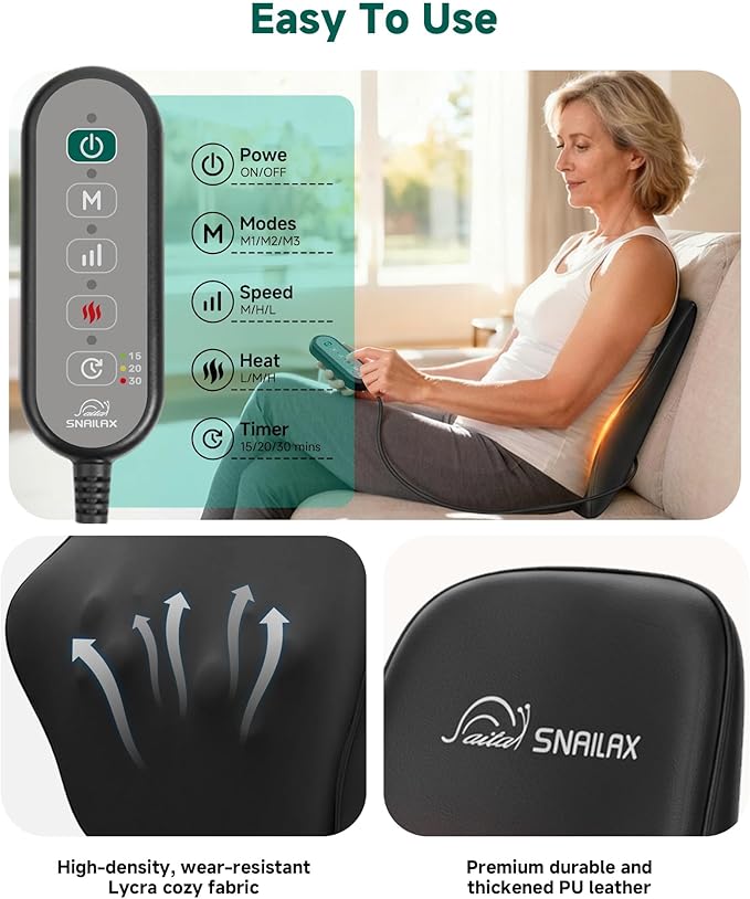 Snailax Shiatsu Back Massager with Heat, Neck Shoulder Massager for Pain Relief Deep Tissue, 4D Kneading Back Massage Pillow, 3 Speed/3 Modes Portable for Home Office Car Use