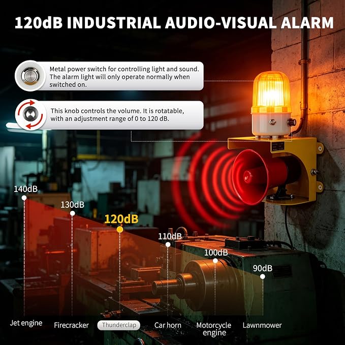 AC110V Industrial Siren Alarm Strobe Light-120dB Loud Horn&Waterproof Red Beacon Warning Light for Emergency,Factory,Fires,Tornado,Intruder Deterrent (AC110V Amber Light (Switch,0-120dB))