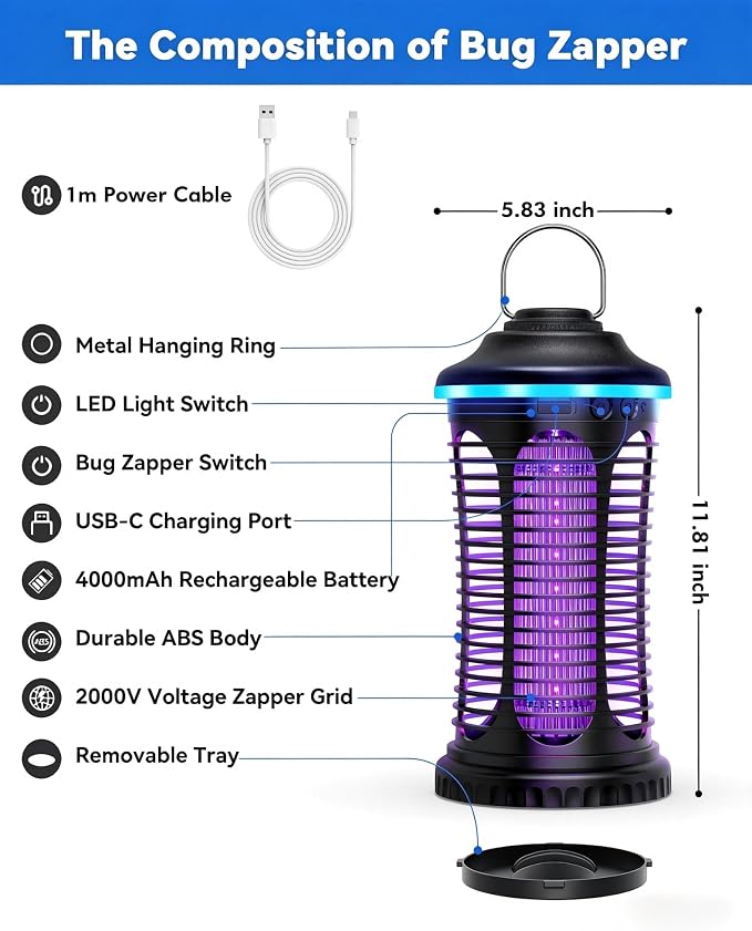 Rechargeable Bug Zapper Outdoor Indoor, Mosquito Zapper Cordless with 4000mAh Battery, RGB Light, USB-C Charging, 1/2 Acre Coverage, IPX4 Waterproof, Portable Fly Zapper for Camping, Patio, Garage