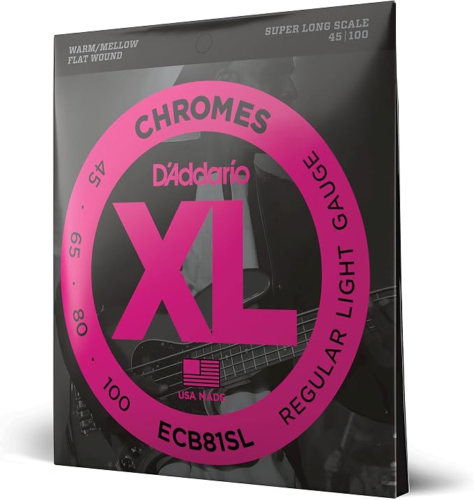 D'Addario XL Chromes Flat Wound Bass Guitar Strings - ECB81SL - Super Long Scale - Regular Light, 45-100