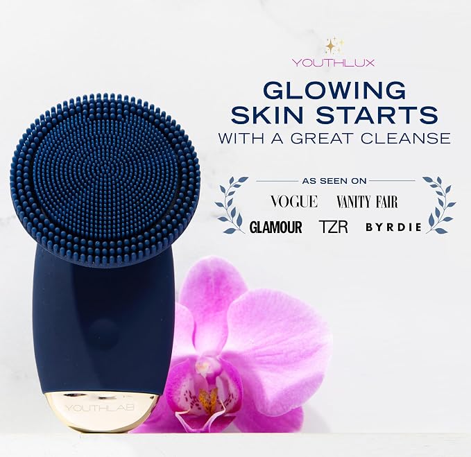 SoniGlow Silicone Face Scrubber/Facial Cleansing Brush – Electric Vibrating Skincare Scrubber Tool for Deep Pore Cleansing, Gentle Massage, Makeup Removal, Waterproof and Rechargeable (Navy)
