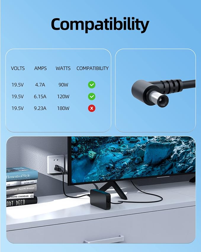 Superer 120W 19.5V Power Cord Fit for Sony BRAVIA TV XBR-43X800H XBR-49X800H XBR-49X800G XBR43X800H XBR49X800H XBR49X800G X800H 43 inch 49 inch Smart TV AC Charger Power Supply Adapter