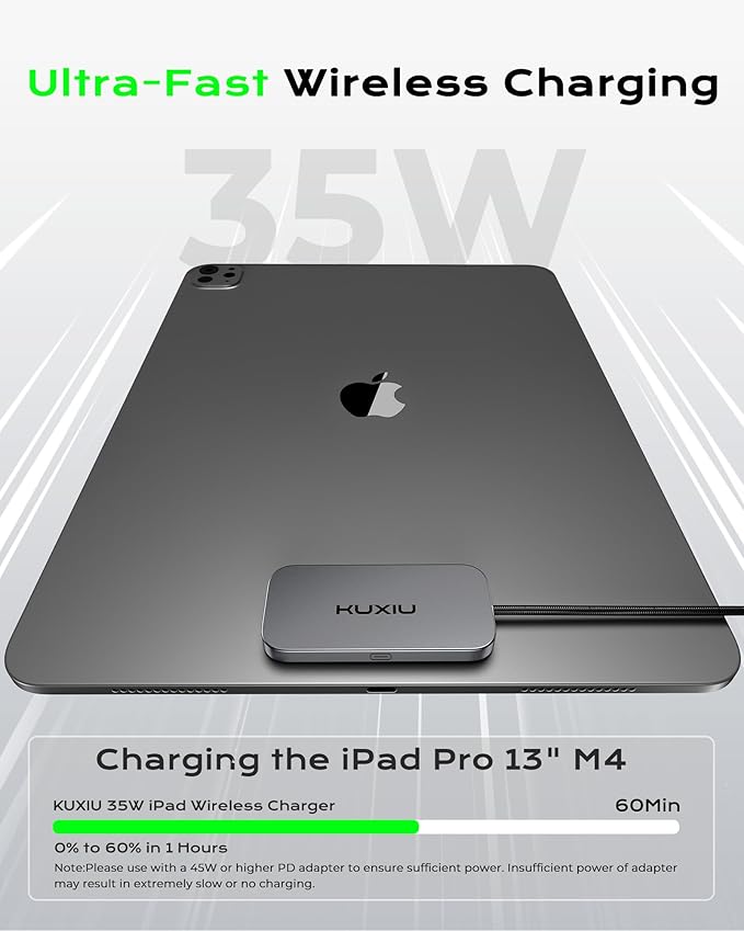 KU XIU Magnetic Wireless Charger for iPad Pro 13" M4/M5 ONLY, 35W Fast Charging Smart Connector Charger, Aluminum Alloy Wireless Charging Pad with 6.56ft USB-C Cord Cable (Adapter Not Included)