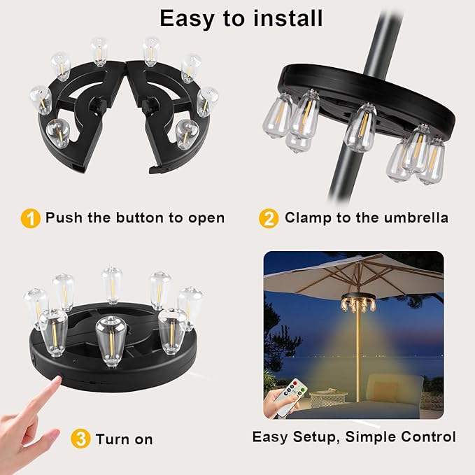 Patio Outdoor Umbrella Lights, Rechargeable Battery Cordless Umbrella Light with 8 Warm White Bulbs 3 Brightness Levels, for Patio, Garden, Backyard, Camping or BBQ