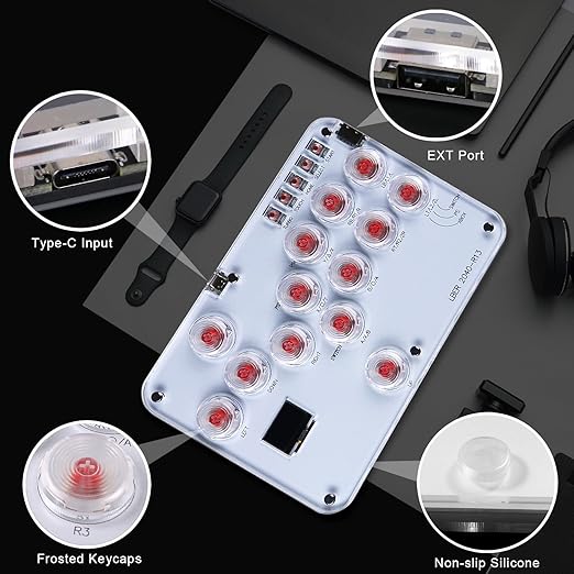 Arcade Stick Game Keyboard R13, Leverless Controller Arcade Stick with Turbo & Custom RGB, Silent All-Button Arcade Controller Street Fight for PC/PS3/PS4/Switch/Steam-Support Hot Swap & SOCD(White)