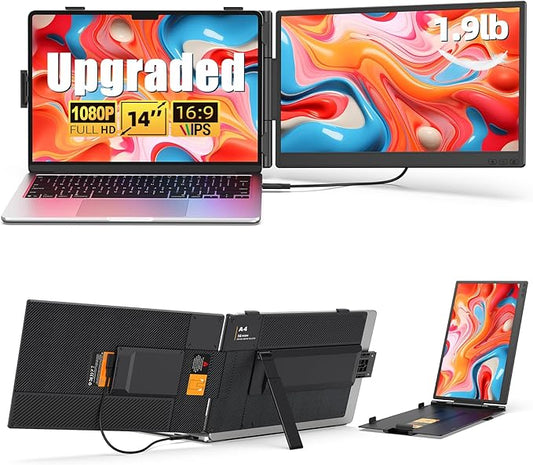 14" Dual Laptop Screen Extender - Ultra Thin Portable Monitor | FHD 1080P USB-C/HDMI Plug & Play | Lightweight Travel Display for Mac/Windows (13-17.3" Laptop) | Multi-Tasking Boost for Work & Gaming