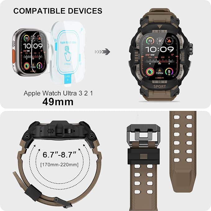 DABAOZA Rugged Case with Band Screen Protector Compatible with Apple Watch 49mm, for iWatch Ultra 3/2/1,Military Grade Shockproof Bumper and Men's Tactical Heavy Duty Strap(Desert Tan,49MM)