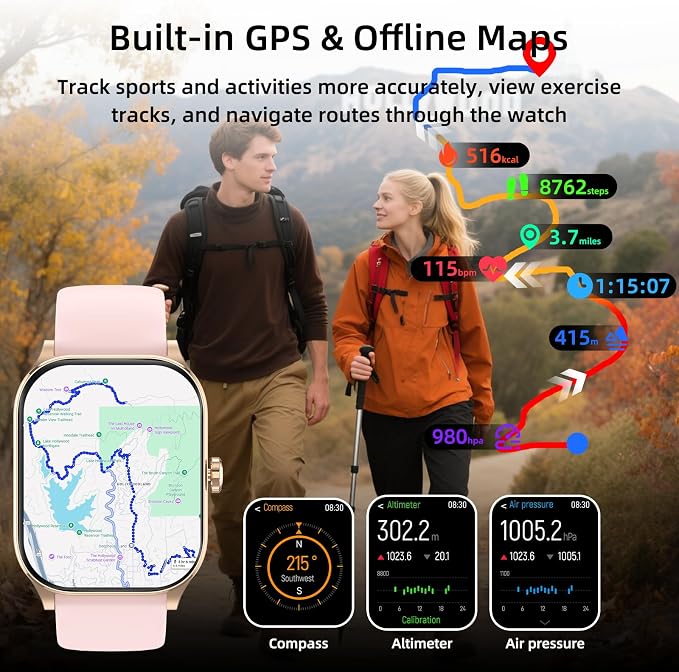 Smart Watch, GPS & Free Maps, 1.96" HD Screen, AI, Bluetooth Call & Text, Health, Fitness & 24/7 Sleep Tracker, 100+ Workout Modes, 5 ATM Water-Resistance, for Men & Women, Android & iOS, 2 Bands