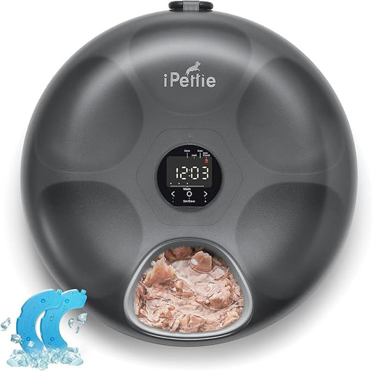 iPettie Donut Frost 6 Meal Cordless Automatic Pet Feeder, Dry & Wet Food Automatic Cat Feeder with Two Ice Packs, Rechargeable Massive Battery, Programmable Timer, Classic Black