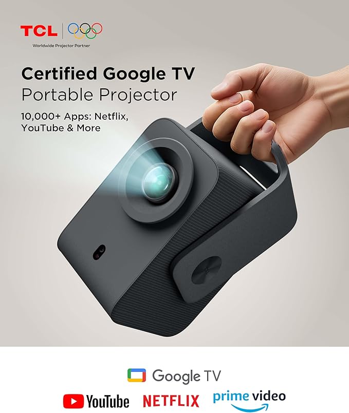 TCL C1 Smart Projector 4K Support, Compatible with Google TV, WiFi and Bluetooth, Auto Focus/Keystone, 1080P HDR10, Dolby Audio, 285° Rotation Mini LCD Projector for Bedroom/Home Theater/Outdoor,Black