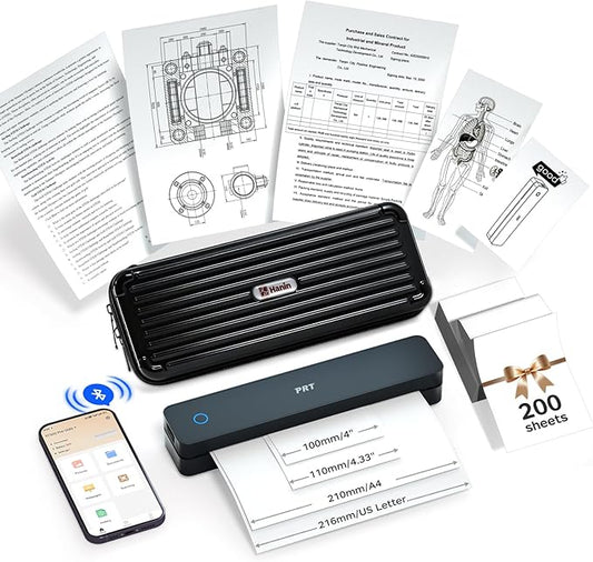 PRT Thermal Printer with Carrying Case and 200 Sheets Thermal Paper, Portable Inkless Small Wireless Printer, Support A4, A5, Compatible with Phone, Laptop for Office, Vehicles, Travel, Home Use