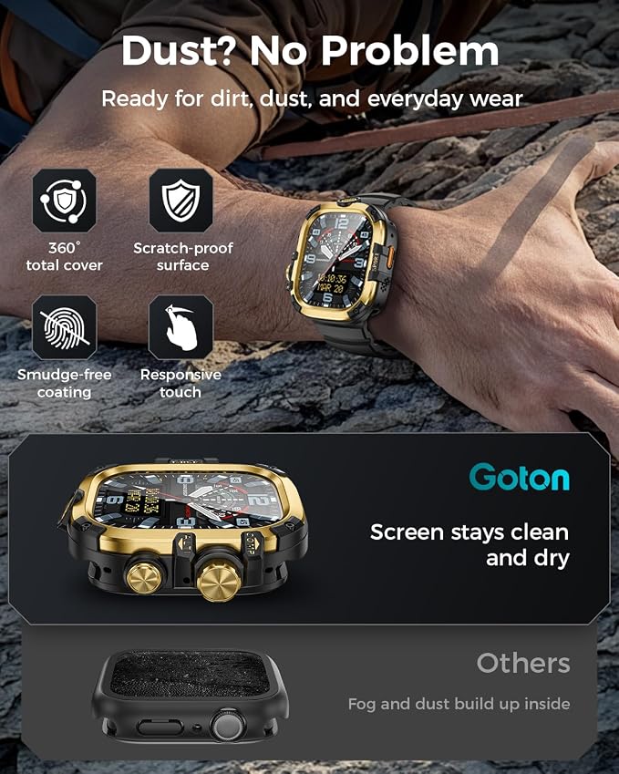 Goton Rugged Case and Band Kit with Screen Protector for Apple Watch 49mm, Compatible with Apple Watch Ultra 3/2/1, Full Body Shockproof Metal+PC Bumper Cover with Soft Band, 49mm Gold