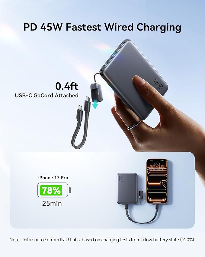INIU for MagSafe Power Bank, Slimmest 25W Qi2.2 10000mAh Magnetic Portable Charger, 45W PD Fast Charging with USB C Cable, Battery Pack for iPhone Air 17 16 15 14 13 12 Only, Purple