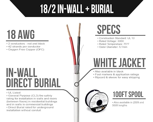 Voltive 18/2 Low Voltage Wire, in-Wall CL3 & Direct Burial, White, 100ft - 18AWG, 2 Conductors, Stranded Bare Copper, UL Listed - V-1212-2
