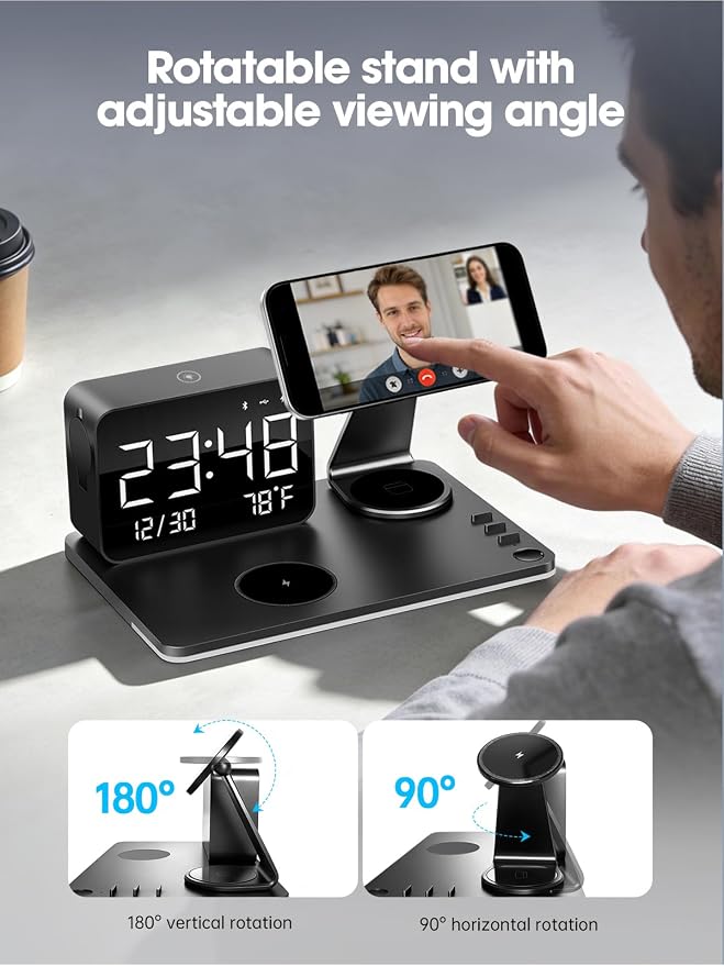 MagCharge 7-in-1 Magnetic Wireless Charging Station with Bluetooth Clock & Dimmable LED Lamp, 25W Fast Charger, 65W Adapter, Bedside Nightstand Charging Hub for iPhone Apple Watch AirPods