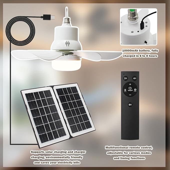 Solar Ceiling Fan Light, 17.3" 10000mAh Battery Operated Portable Gazebo Fan with Remote, Foldable Solar Panel for Camping RVs Tent Patio Canopy Chicken Coop Outside