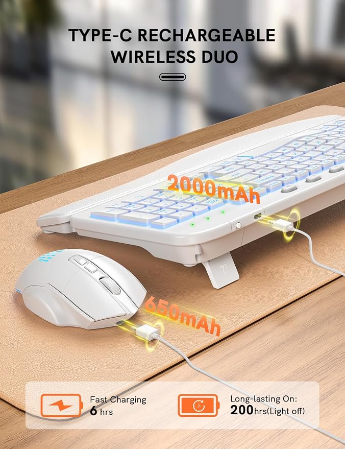 SABLUTE Ergonomic Wireless Keyboard and Mouse Combo - Wave Keyboard with Soft Leather Wrist Rest, Resistant Keys, RGB Backlit Rechargeable Set for PC/Mac/Chromebook (White)