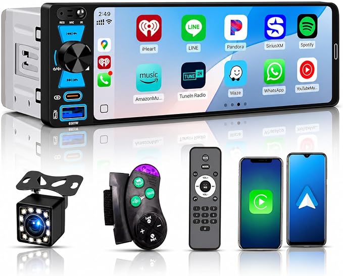 Single Din Car Stereo, 6.5 Inch in-Cell Touch Screen, Wireless Apple CarPlay Android Auto, Bluetooth 5.2, 180W Amplifier, Car Radio, Dual USB + Type-C, Backup Camera, Universal Fit for One Din Cars