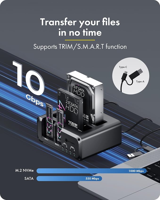 4 Bay NVMe M.2 & SATA SSD/HDD Hard Drive Docking Station, ICY BOX USB-C 10Gbps NVMe Reader, SATA to M.2 NVMe enclosure, 2.5/3.5 Hard Drive Dock Station Up to 48TB, Individual Power Switches, Tool-Free