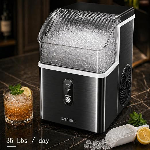 Kismile Nugget Ice Maker Countertop, Sonic Ice Maker with 35Lbs/24H, First Ice in 7 Mins, 1.2L Water Tank, Ice Basket Holds 2.2Lbs, Self-Cleaning Pebble Ice Machine for Home Kitchen Office Bar(Black)