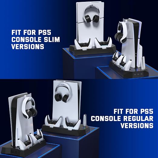 PS5 Slim Cooling Station with Controller Charging Station for PlayStation 5 Console Slim&Standard Disc/Digital, PS5 Cooling Stand Accessories with Cooler Fan/3 USB Hubs/Media&Headset Holder - Black